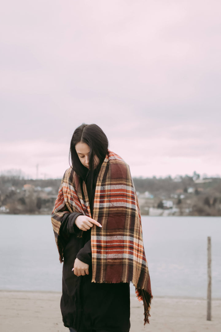 Brown Orange Blanket Scarf Oversized Scarf Personalized Gifts Plaid Shawl Bridesmaid Gifts Monogram Scarf Birthday Gifts for Her Women Gifts