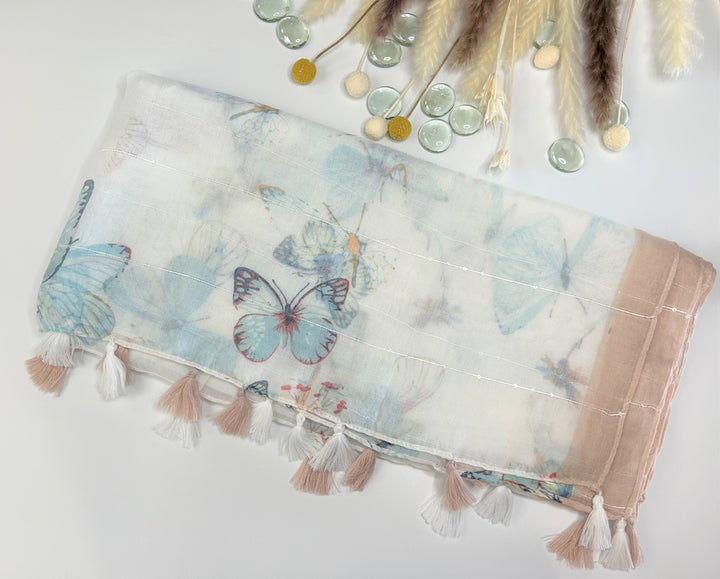 Ivory Shawl Floral Scarf Summer Wrap Cotton Linen Butterflies Scarf Lightweight Scarf Personalized Gift for Her Mothers Day Gift for Women