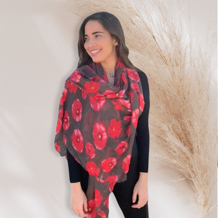 Brown Scarf Poppy Print Scarf Women Red Poppies Scarf Infinity Scarf Personalized Gifts For Women Shawl Wrap Large Scarf Mothers Day Gift