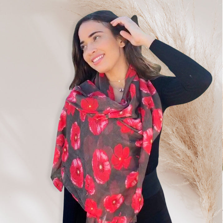 Brown Scarf Poppy Print Scarf Women Red Poppies Scarf Infinity Scarf Personalized Gifts For Women Shawl Wrap Large Scarf Mothers Day Gift