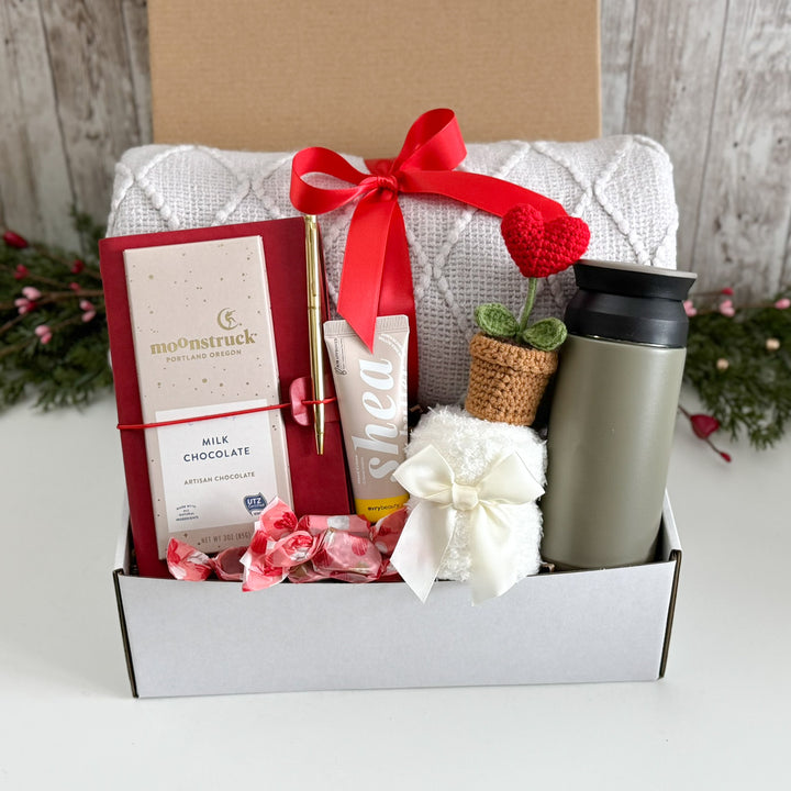 Valentine's Day Gift Basket for Mom with Blanket, Tumbler and Crochet Rose