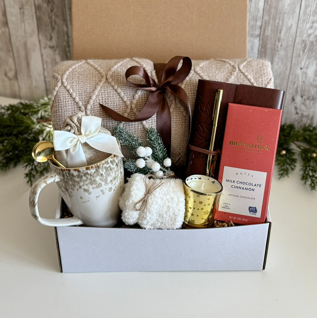 Cozy Holiday Gift Box with Blanket, Mug, Journal and Chocolate