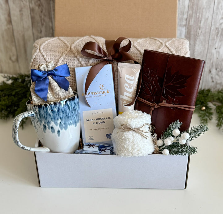 Cozy Winter Gift Box with Blanket, Mug, Journal and Chocolate