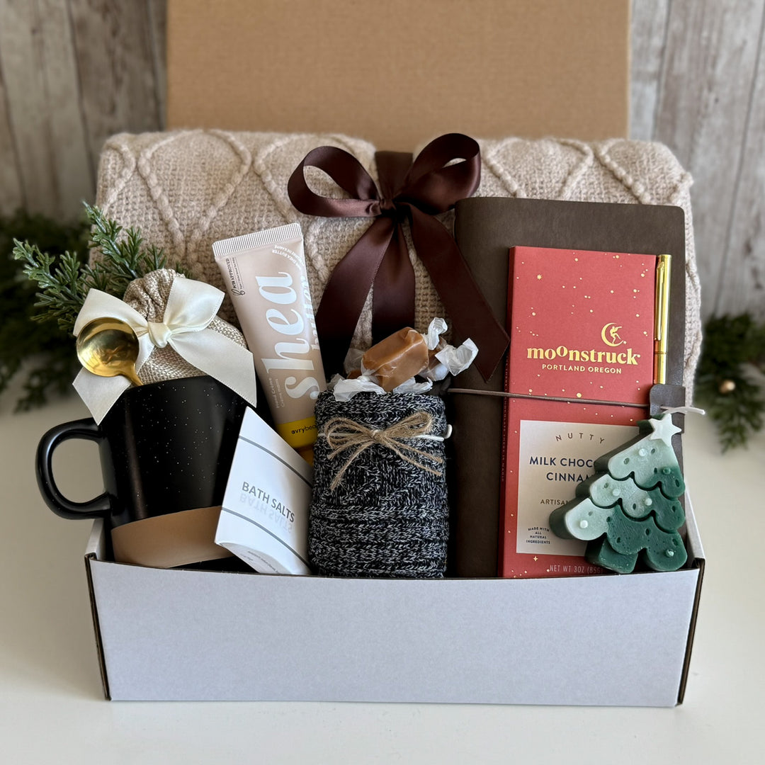 Christmas Self-Care Gift Basket with Blanket, Mug and Chocolate