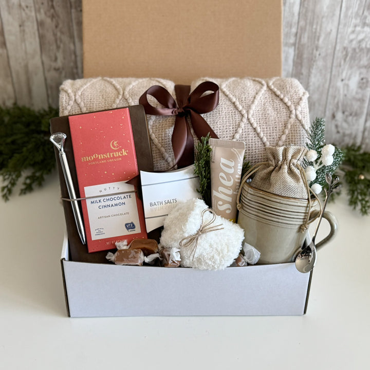 Christmas Hygge Gift Basket with Blanket, Mug and Chocolate