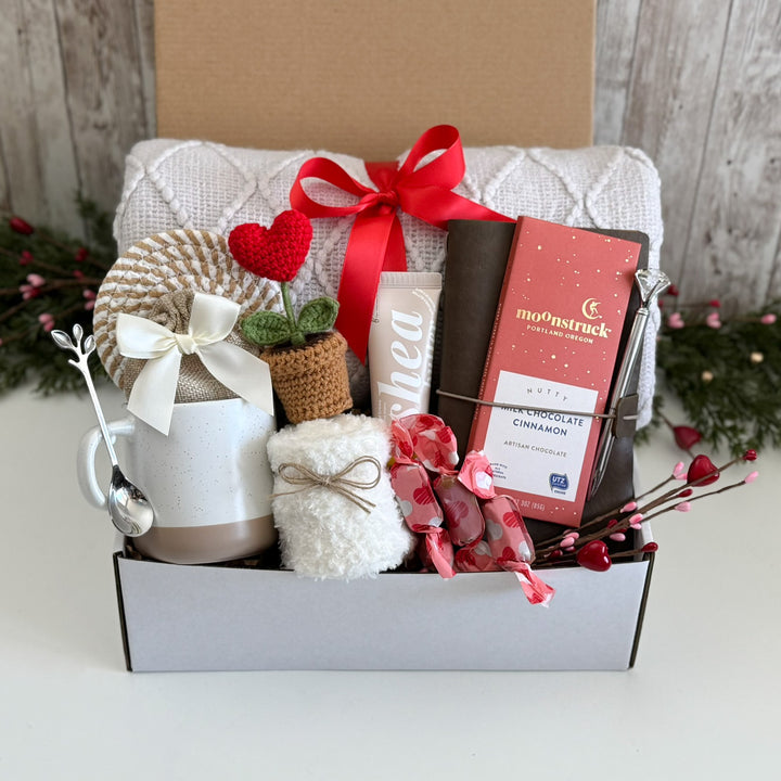 Valentine's Day Gift Box for Sister with Blanket, Mug and Crochet Rose