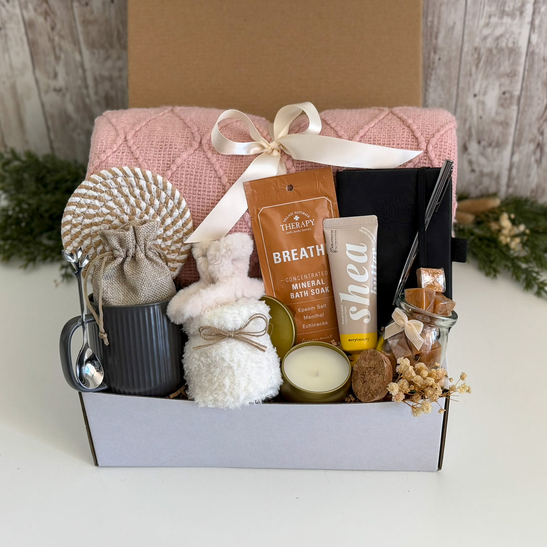 Birthday Self-Care Gift Basket for Her with Pink Blanket and Journal