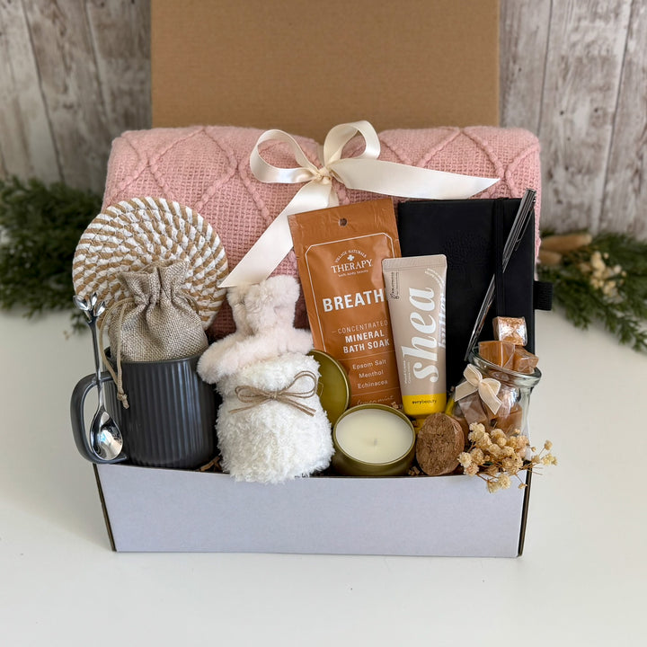 Birthday Self-Care Gift Basket for Her with Pink Blanket and Journal