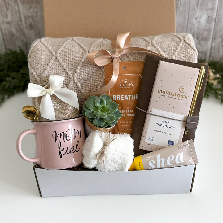 New Mom Care Package with Blanket, Mom Fuel Mug and Spa Gifts
