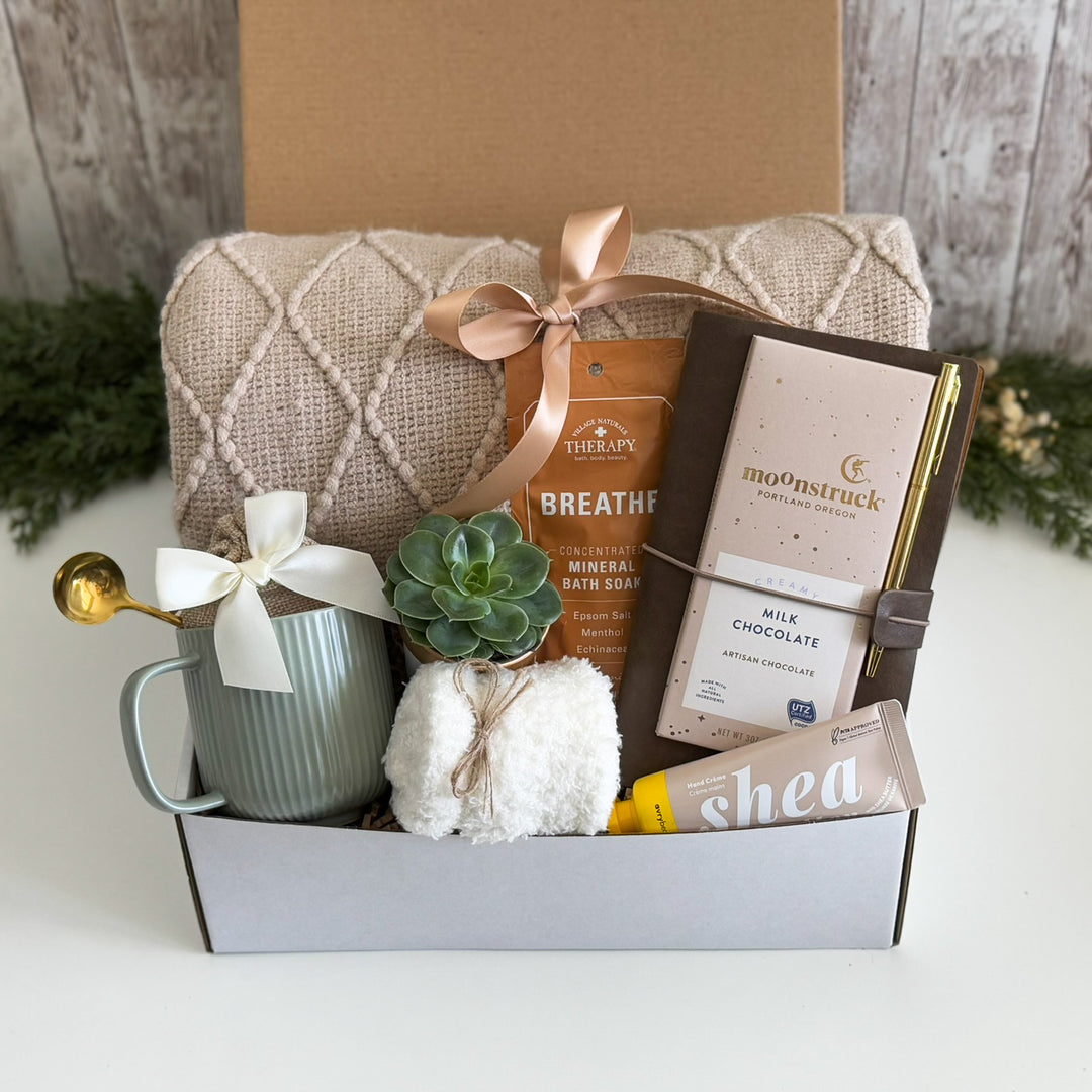 Stress Relief Gift Basket for Her with Blanket, Bath Soak and Journal