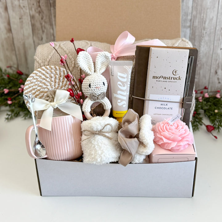 New Baby Gift Basket for Mom with Bunny Teether and Blanket