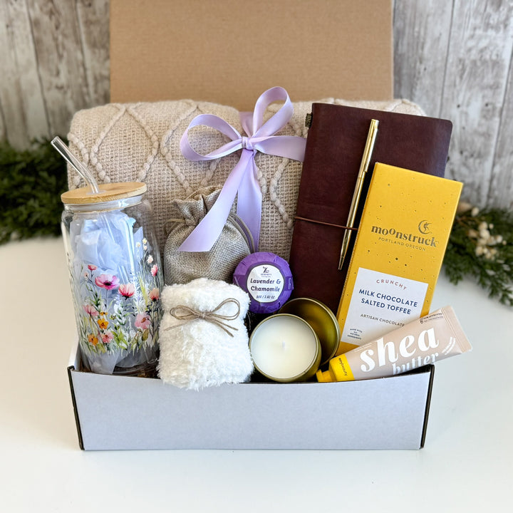 Lavender Relaxation Care Package for Her with Tumbler and Blanket