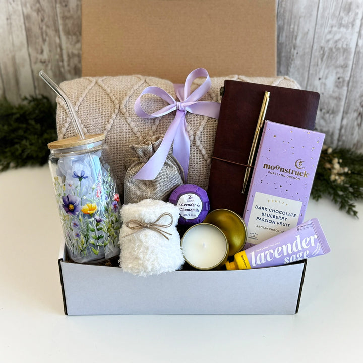Lavender Relaxation Care Package for Her with Tumbler and Blanket