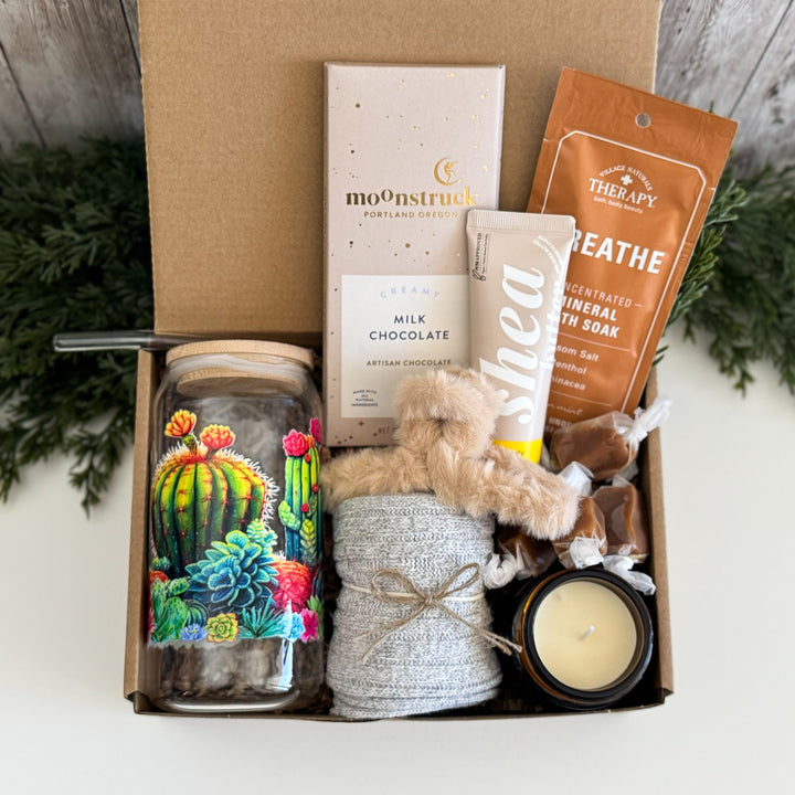 Cactus Lover Gift Box for Her with Tumbler, Candle and Bath Soak