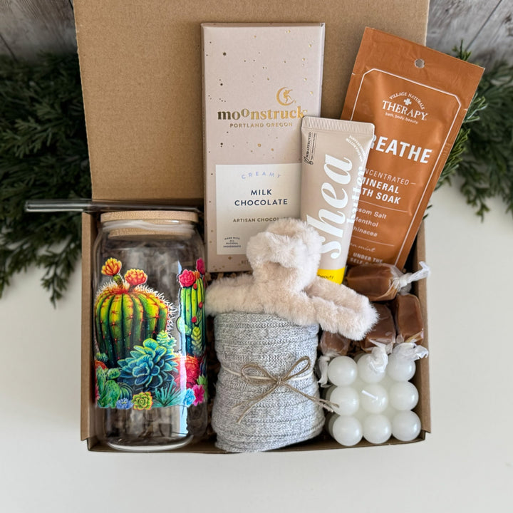 Cactus Lover Gift Box for Her with Tumbler, Candle and Bath Soak