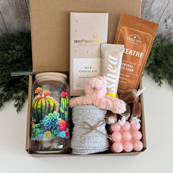 Cactus Lover Gift Box for Her with Tumbler, Candle and Bath Soak