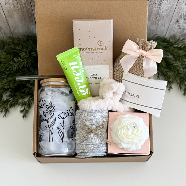 Creative Self-Care Gift Box for Her with Floral Glass and Spa Gifts