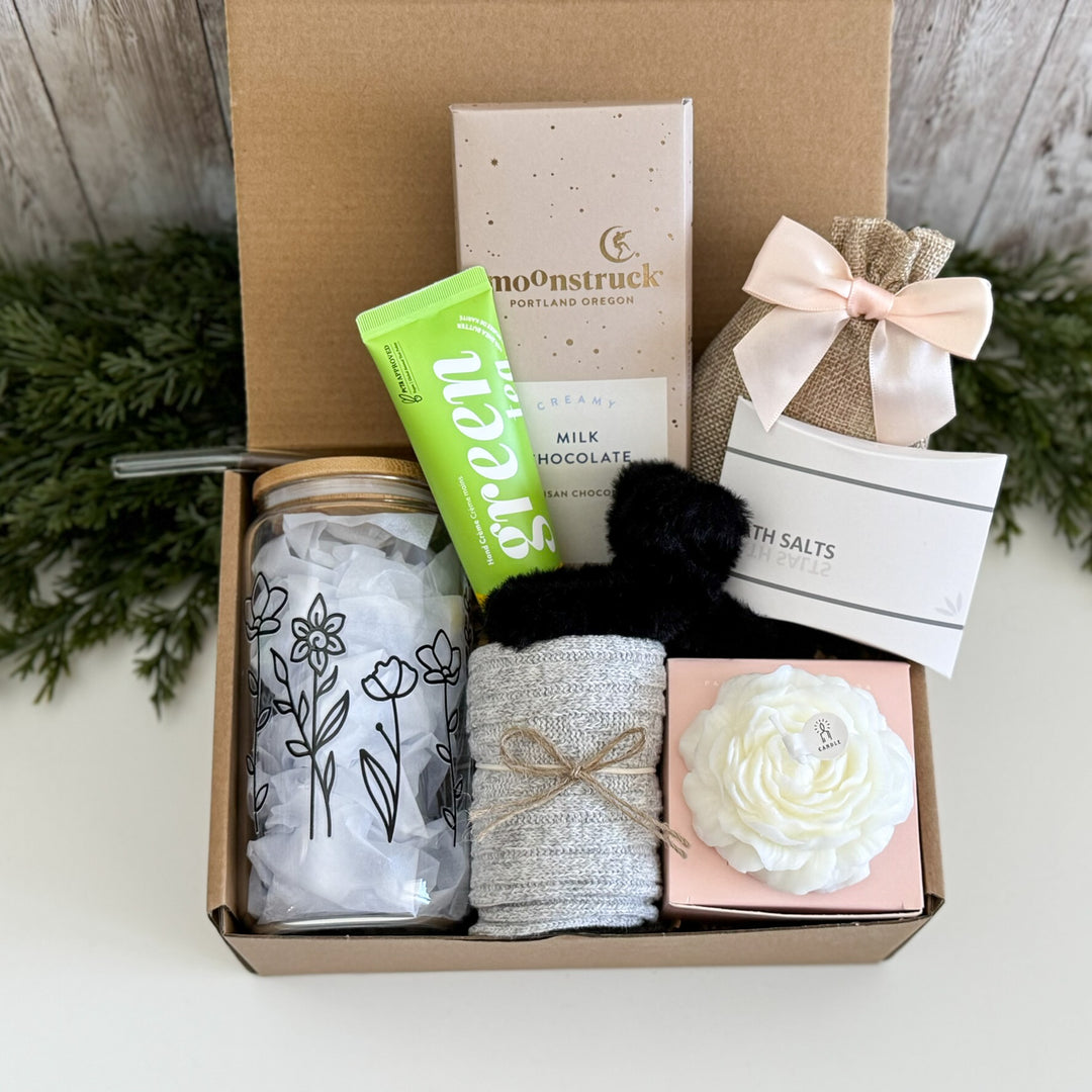 Creative Self-Care Gift Box for Her with Floral Glass and Spa Gifts