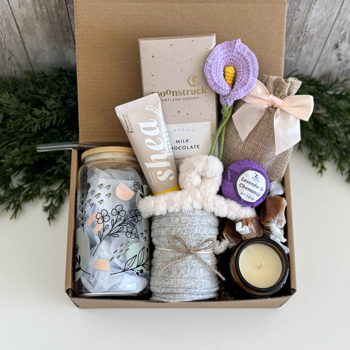 Get Well Soon Care Package for Her with Floral Glass