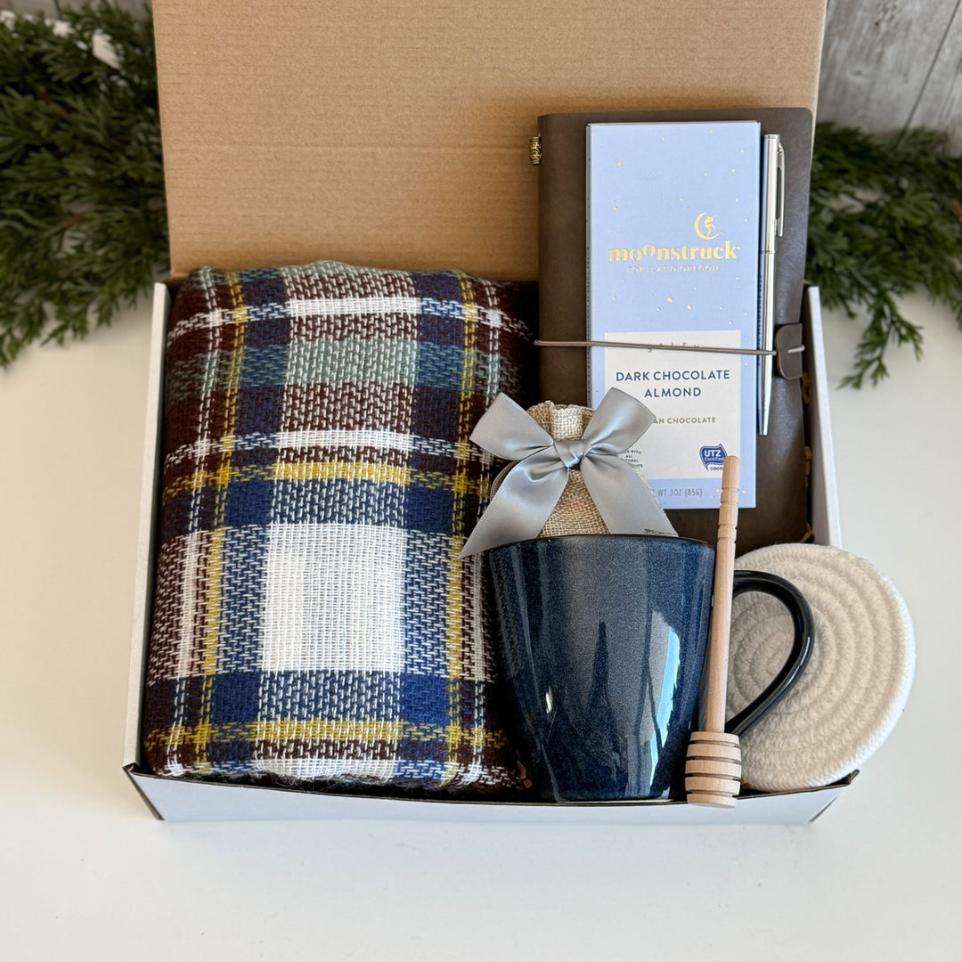 Retirement Gift Basket for Him with Plaid Scarf