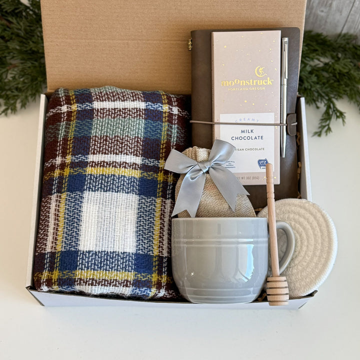 New Job Gift Basket for Him with Plaid Blanket, Mug and Journal