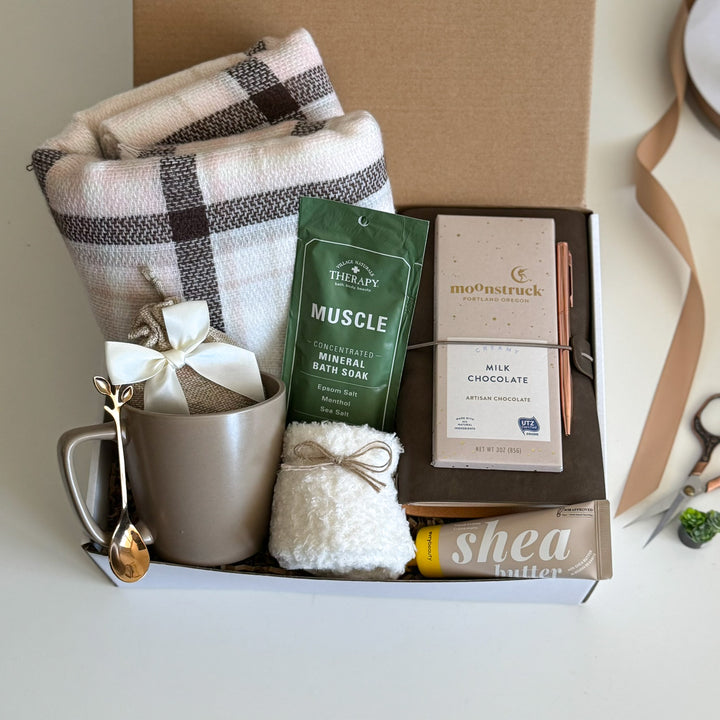 Work Anniversary Gift Basket for Her with Plaid Scarf, Mug and Journal