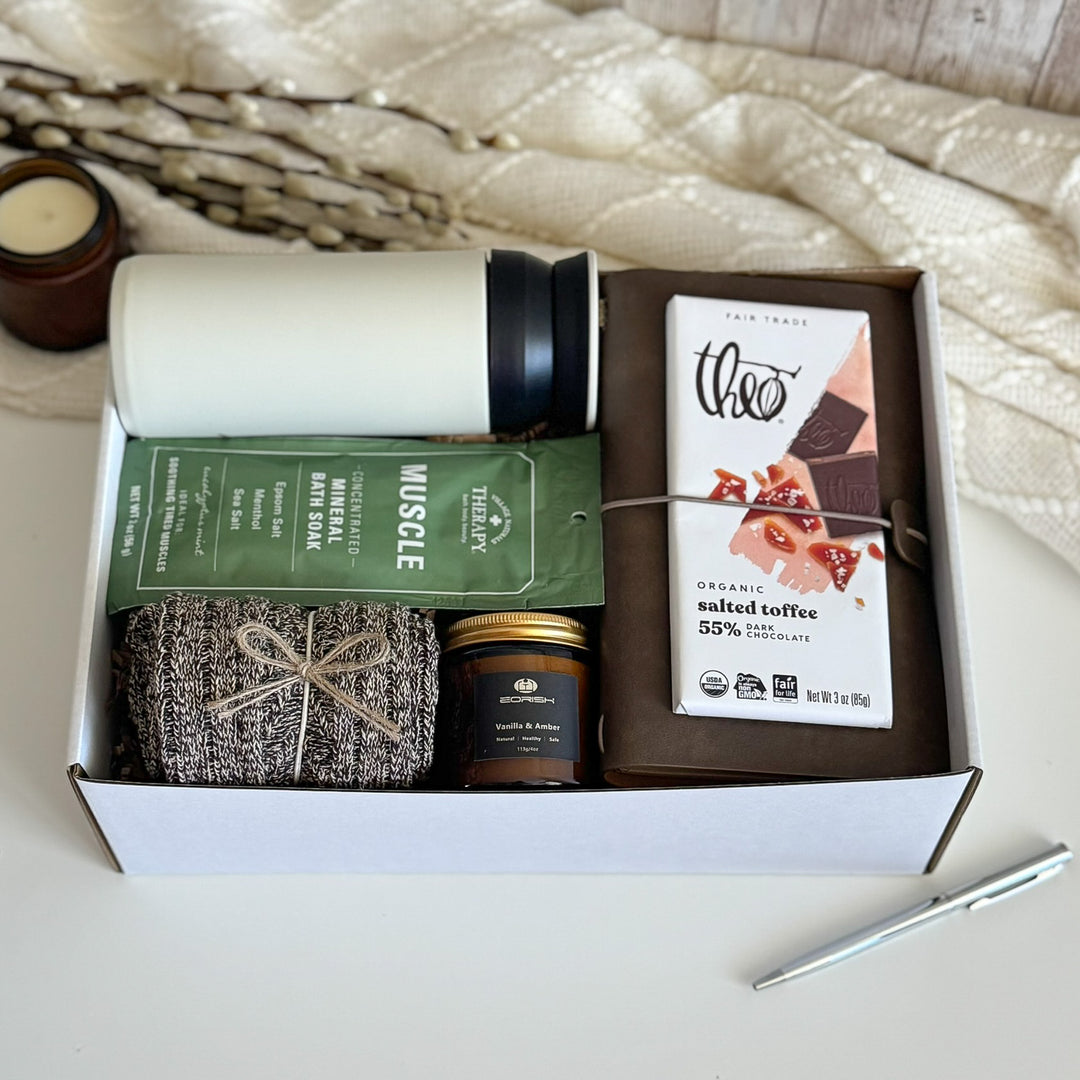 Stress Relief Gift Basket for Him with Travel Tumbler and Journal