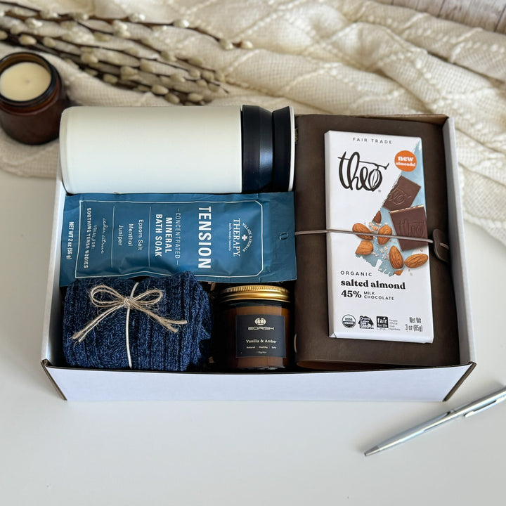 Stress Relief Gift Basket for Him with Travel Tumbler and Journal