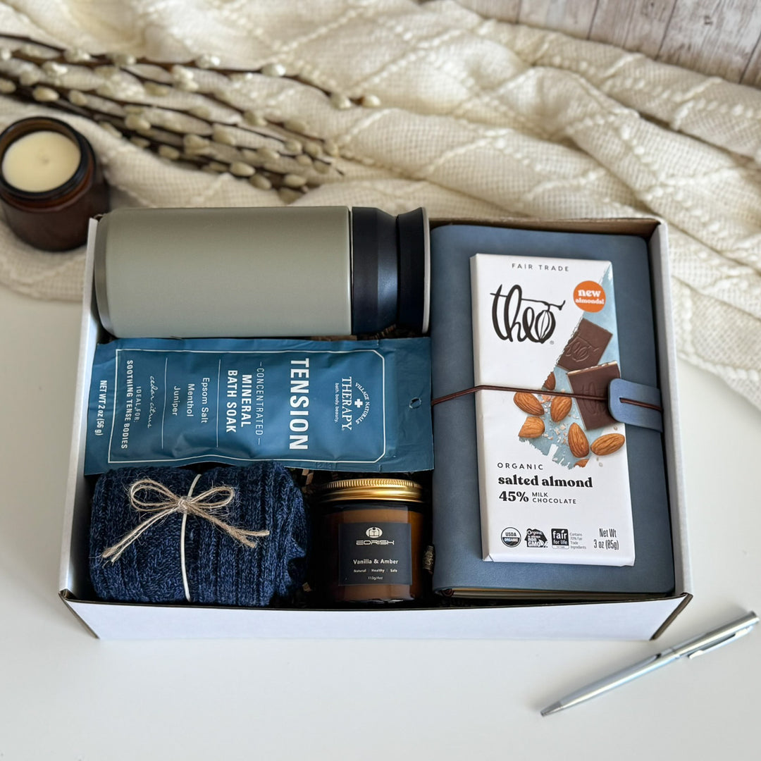 Stress Relief Gift Basket for Him with Travel Tumbler and Journal