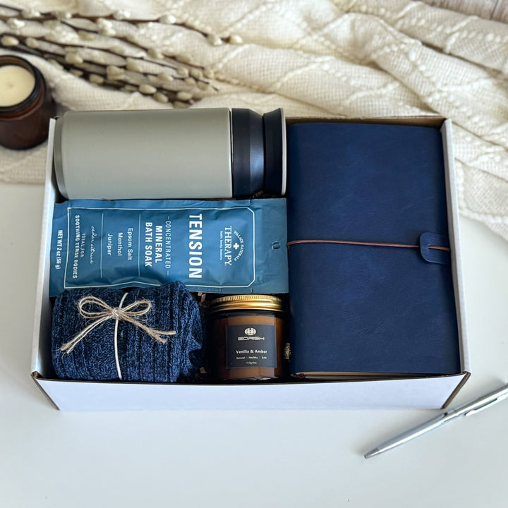 Stress Relief Gift Basket for Him with Travel Tumbler and Journal