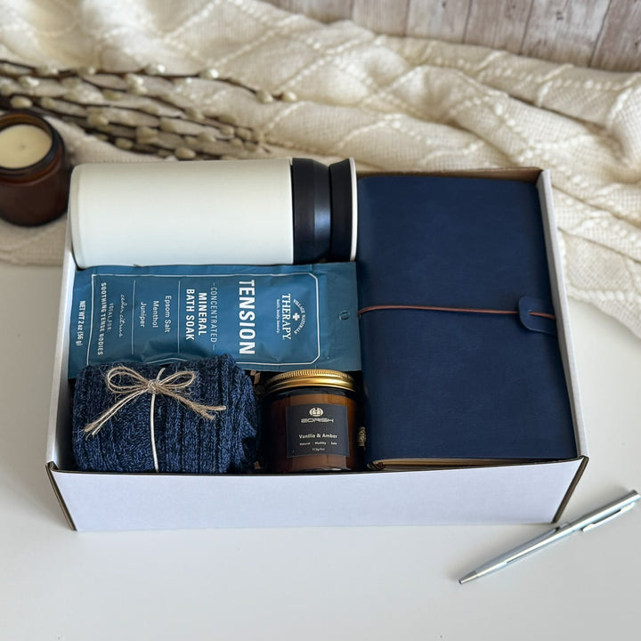 Stress Relief Gift Basket for Him with Travel Tumbler and Journal
