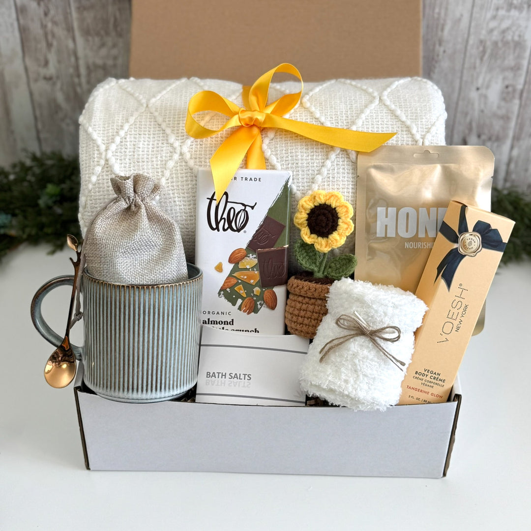 Sunshine Care Package for Her with Blanket, Mug and Sunflower