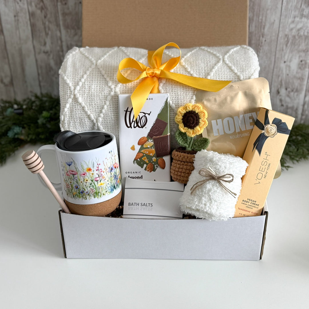Sunshine Care Package for Her with Blanket, Mug and Sunflower