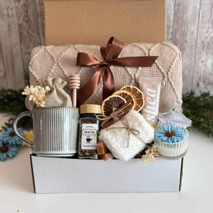 Cozy Tea Gift Basket for Her with Blanket, Mug and Candle