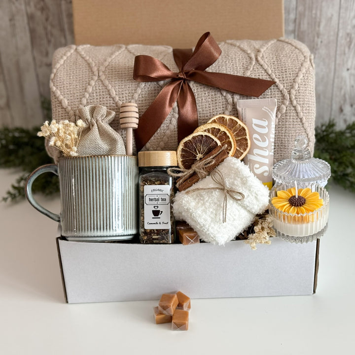 Cozy Tea Gift Basket for Her with Blanket, Mug and Candle