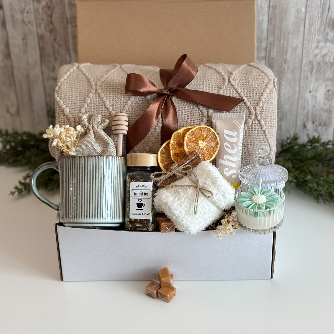 Cozy Tea Gift Basket for Her with Blanket, Mug and Candle