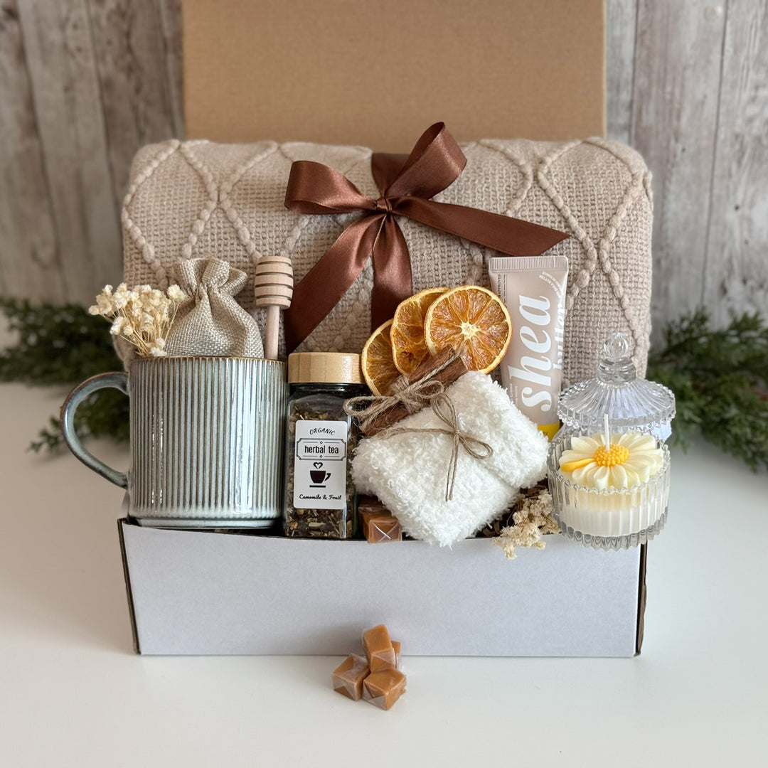 Cozy Tea Gift Basket for Her with Blanket, Mug and Candle
