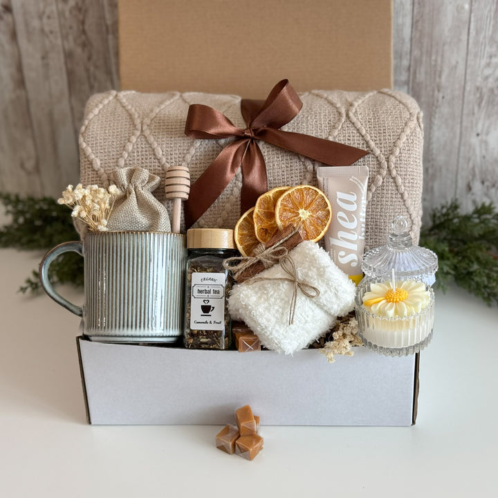 Cozy Tea Gift Basket for Her with Blanket, Mug and Candle