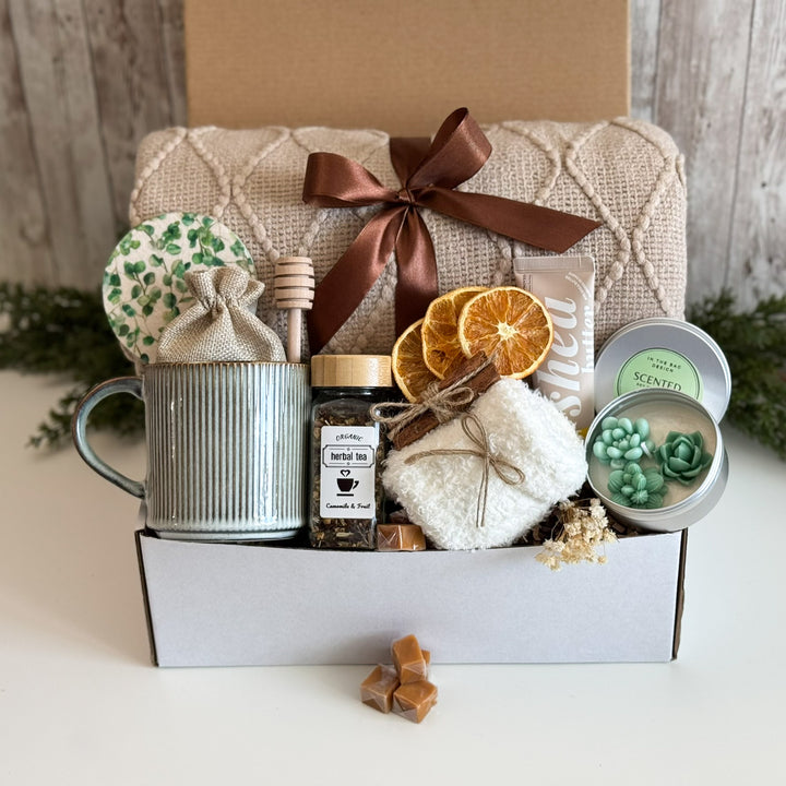 Housewarming Gift Basket for Her with Blanket, Mug and Tea