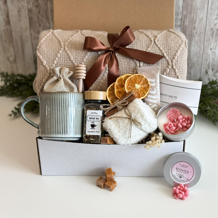 Birthday Spa Gift Basket for Her with Blanket, Mug and Floral Candle