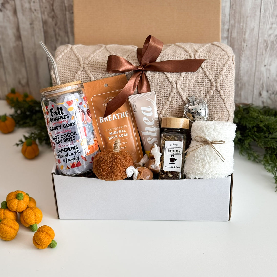 Fall Self Care Gift Basket for Her with Blanket