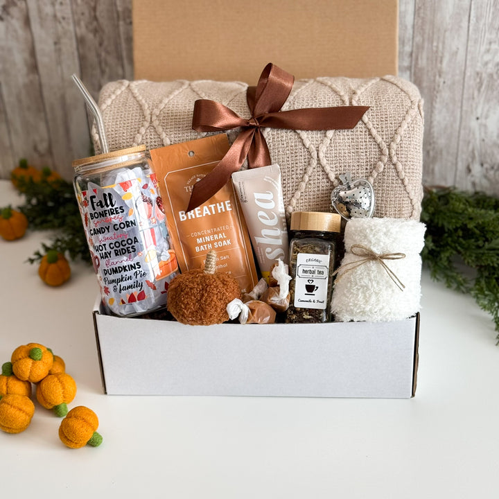 Fall Self Care Gift Basket for Her with Blanket