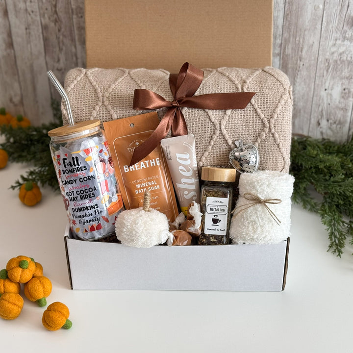 Fall Self Care Gift Basket for Her with Blanket