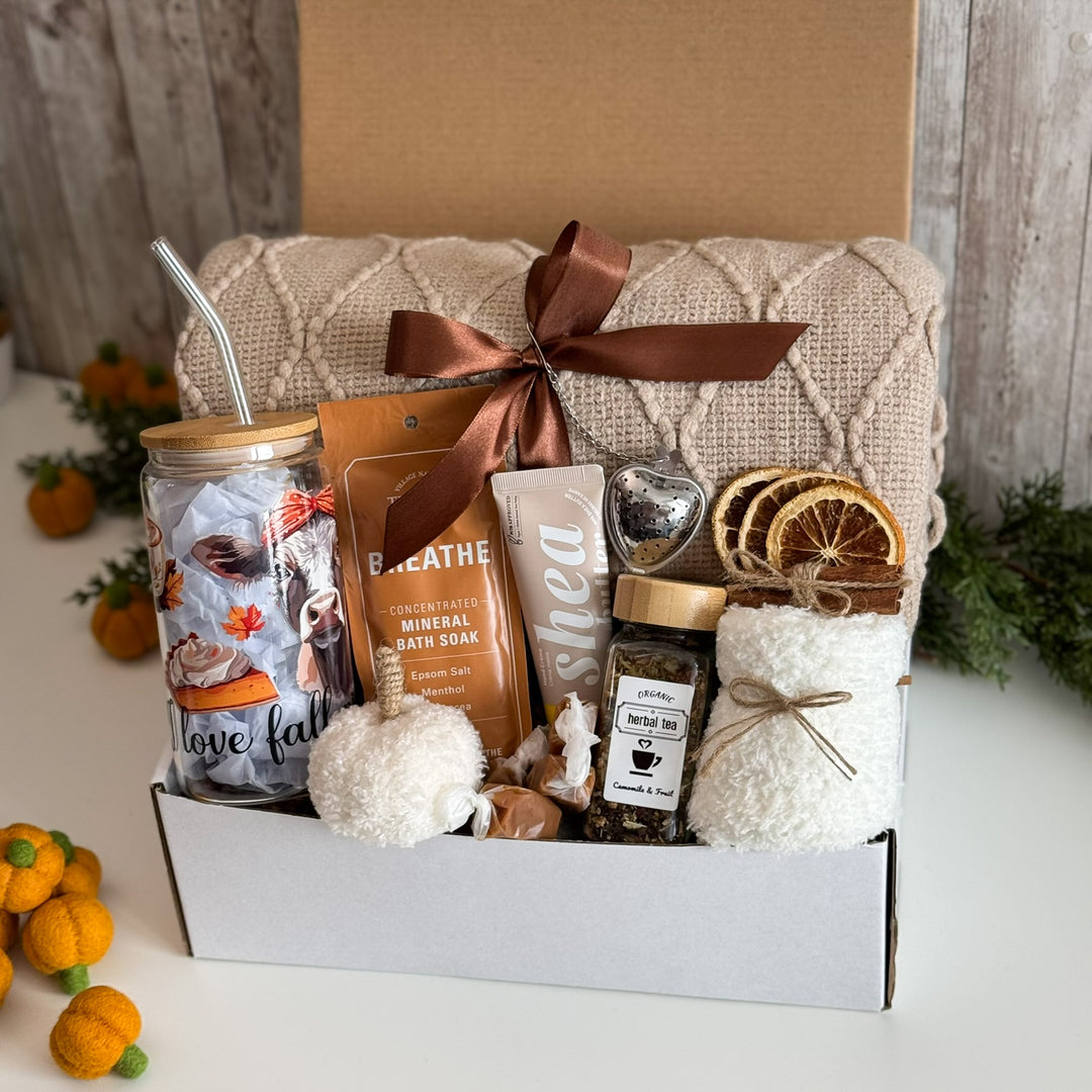 Fall Birthday Gift Basket for Her with Blanket