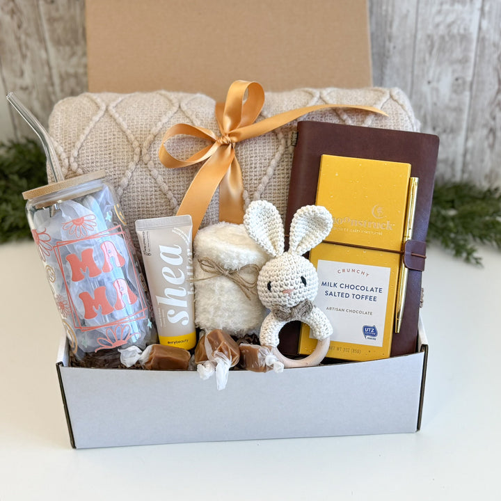 Pregnancy Congratulations Gift Basket with Bunny Rattle