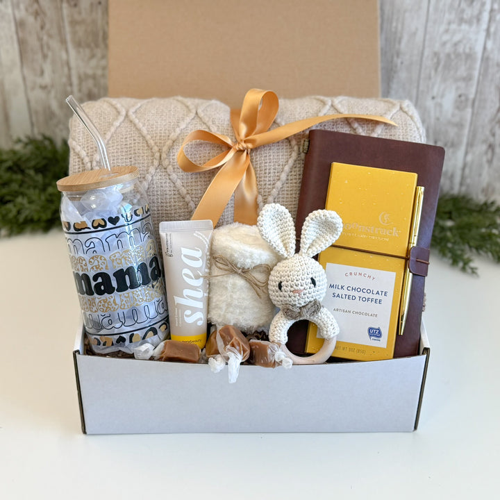 Pregnancy Congratulations Gift Basket with Bunny Rattle