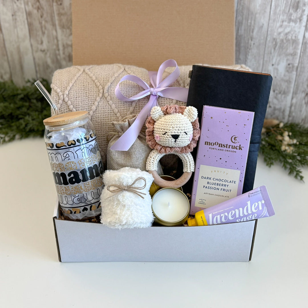 First Time Mom Gift Basket with Mama Tumbler, Blanket and Lion Rattle