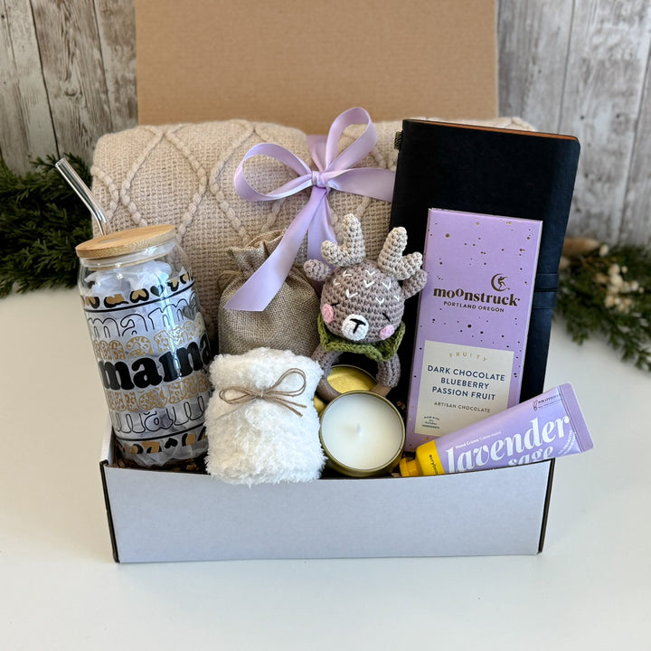 First Time Mom Gift Basket with Mama Tumbler, Blanket and Lion Rattle