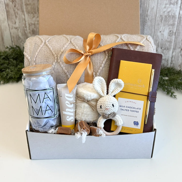 Mom to Be Gift Basket with Mama Tumbler, Blanket and Giraffe Rattle
