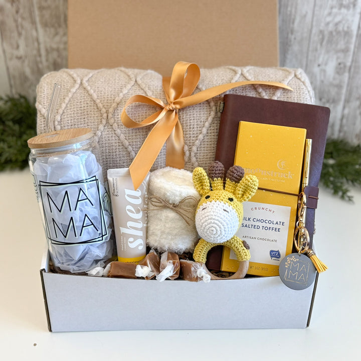 Mom to Be Gift Basket with Mama Tumbler, Blanket and Giraffe Rattle